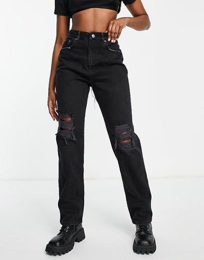 Distressed Straight Fit Jeans in Washed Black