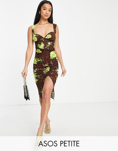 Petite Corset Button Detail Ruched Midi Dress in Lime Floral Print.