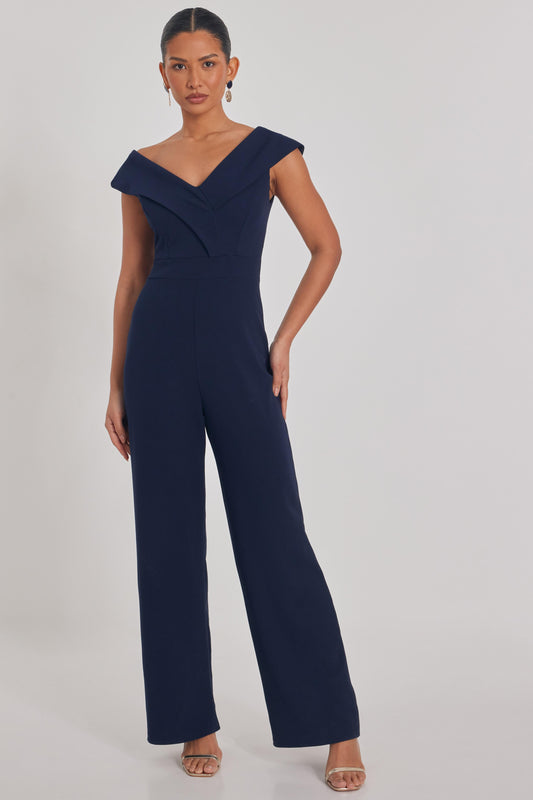 Navy Bardot Wide Leg Jumpsuit