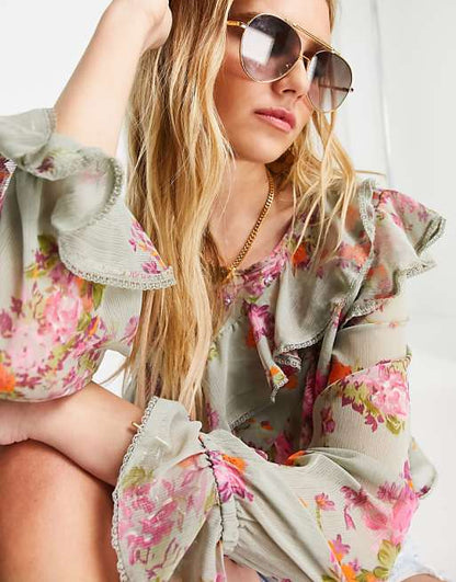 Floral Print Ruffle Blouse