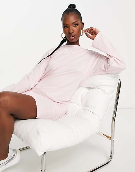 Puma essentials long sleeve t-shirt dress in chalk pink