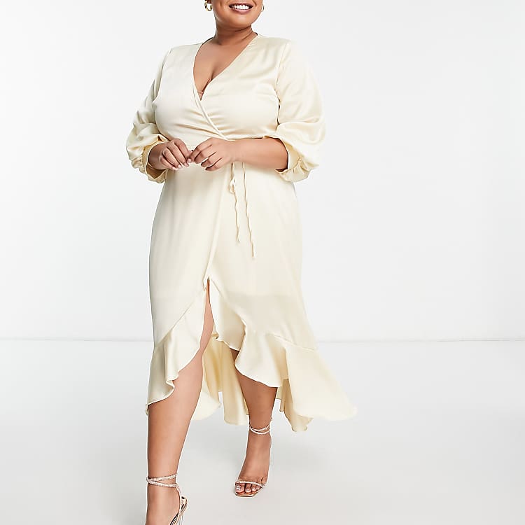 Liquorish Plus Bridesmaid Satin Wrap Midi With Puff Sleeve in Lemon