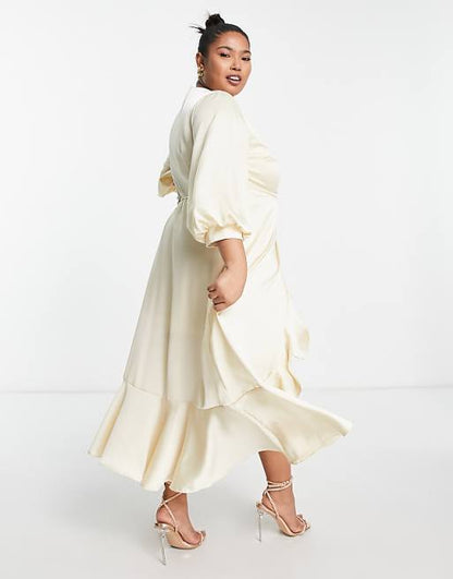 Liquorish Plus Bridesmaid Satin Wrap Midi With Puff Sleeve in Lemon