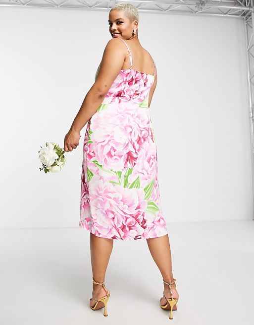 Floral Print Satin Wrap Midi Dress