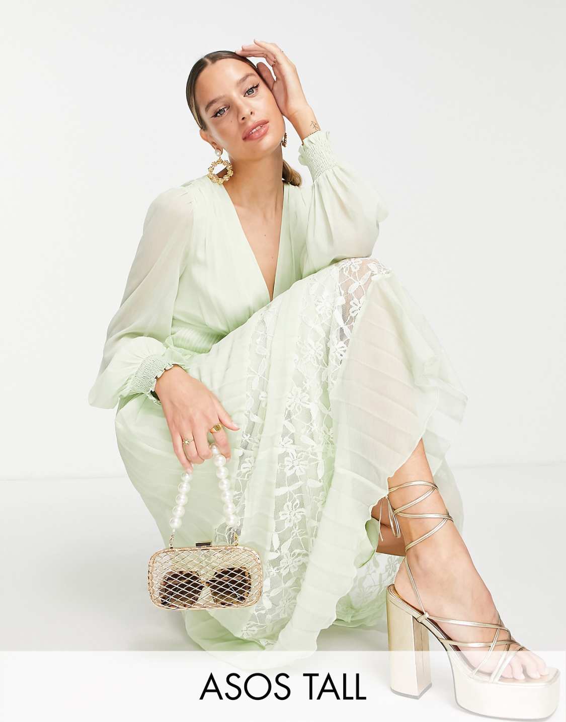 Tall Plunge Pleated Midi Dress with Lace Insert hem in Sage Green