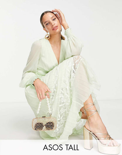 Tall Plunge Pleated Midi Dress with Lace Insert hem in Sage Green
