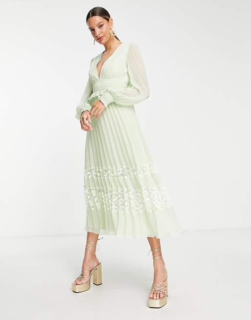 Tall Plunge Pleated Midi Dress with Lace Insert hem in Sage Green