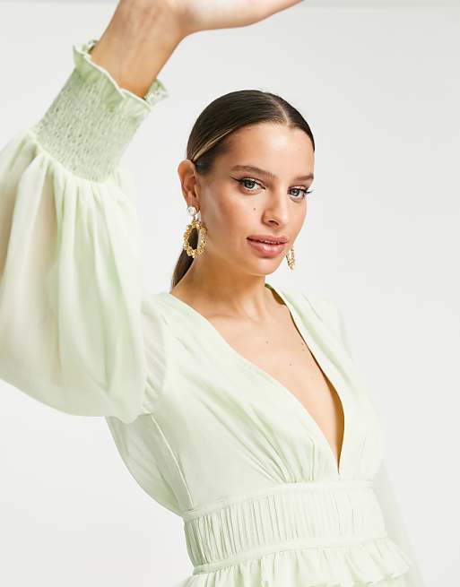 Tall Plunge Pleated Midi Dress with Lace Insert hem in Sage Green