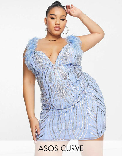 ASOS LUXE Curve Embellished Gemstone Mini Dress with Faux Feathers in Blue