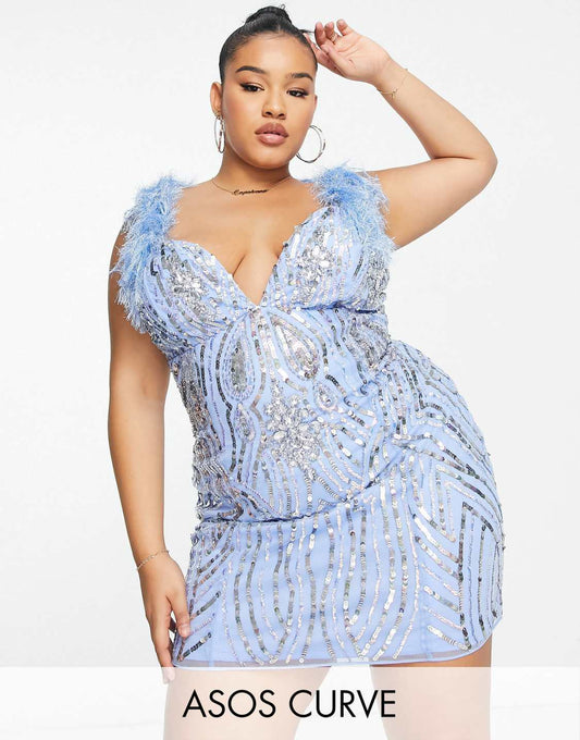 ASOS LUXE Curve Embellished Gemstone Mini Dress with Faux Feathers in Blue