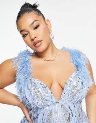 ASOS LUXE Curve Embellished Gemstone Mini Dress with Faux Feathers in Blue