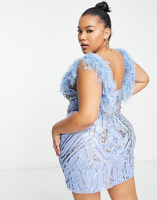 ASOS LUXE Curve Embellished Gemstone Mini Dress with Faux Feathers in Blue