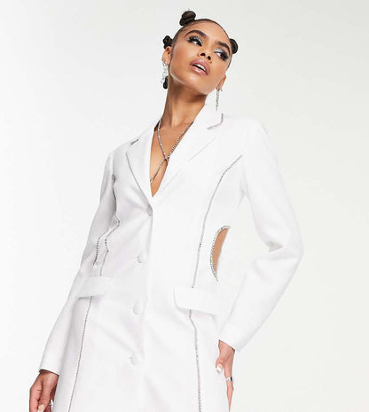 ASYOU Diamante Trim Blazer Dress With Cut Out Detail In White