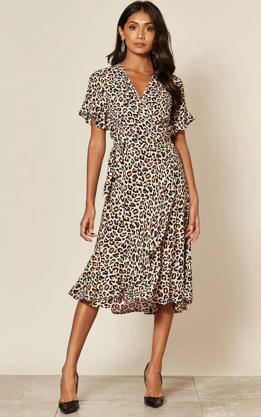 Short Sleeve Wrap Midi Dress In Leopard Print