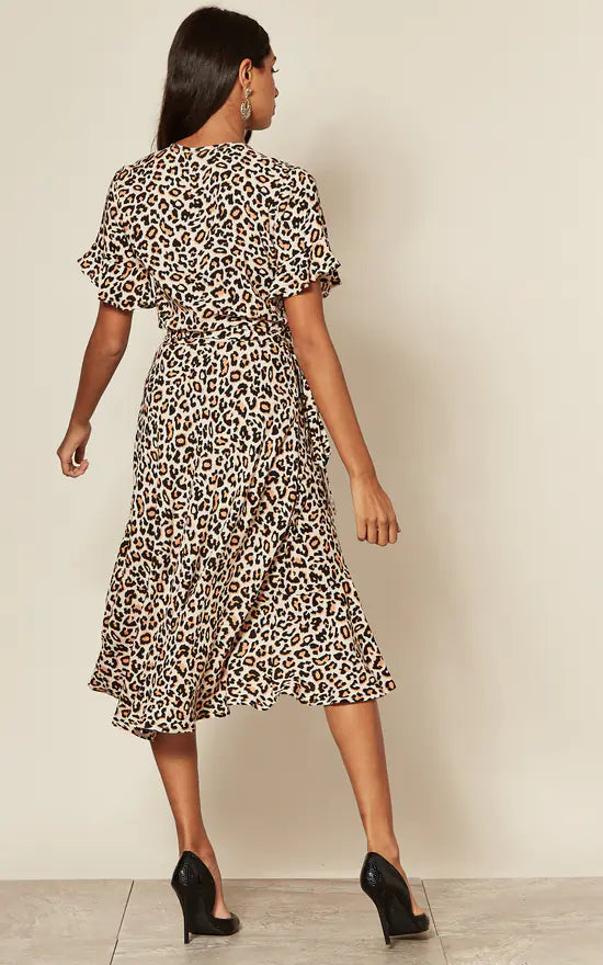 Short Sleeve Wrap Midi Dress In Leopard Print