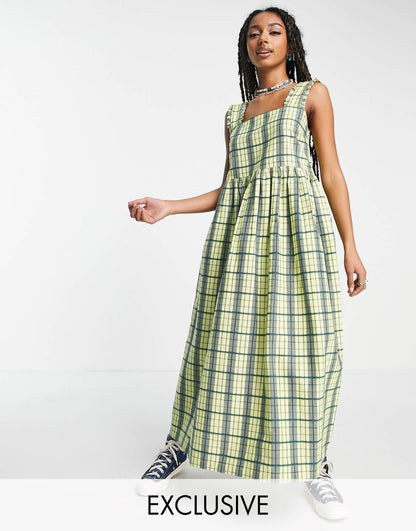 Twill Pinafore Midi Dress in Yellow Check