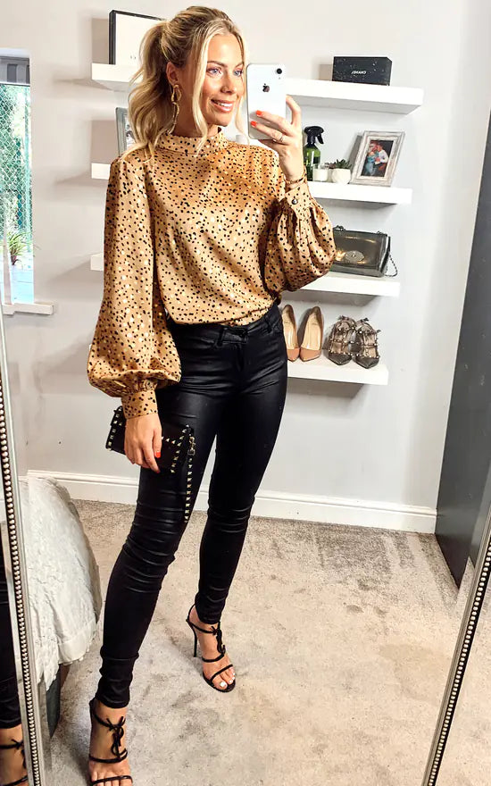 Brown Gold High Neck Satin Blouse