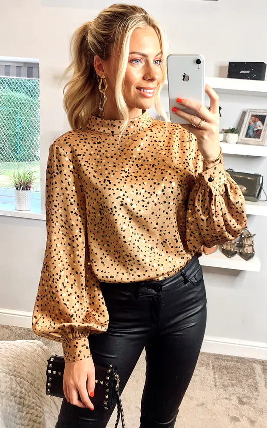 Brown Gold High Neck Satin Blouse