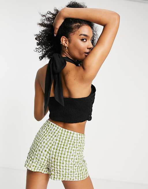 ASOS DESIGN natural crinkle halter top with shirred waist in black