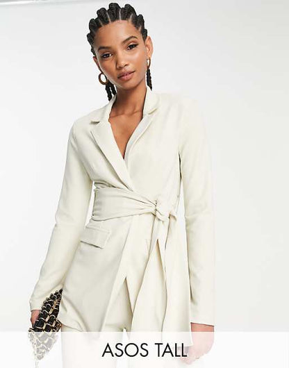 ASOS DESIGN Tall Jersey Suit Blazer With Obi Tie Waist In Ivory-Neutral