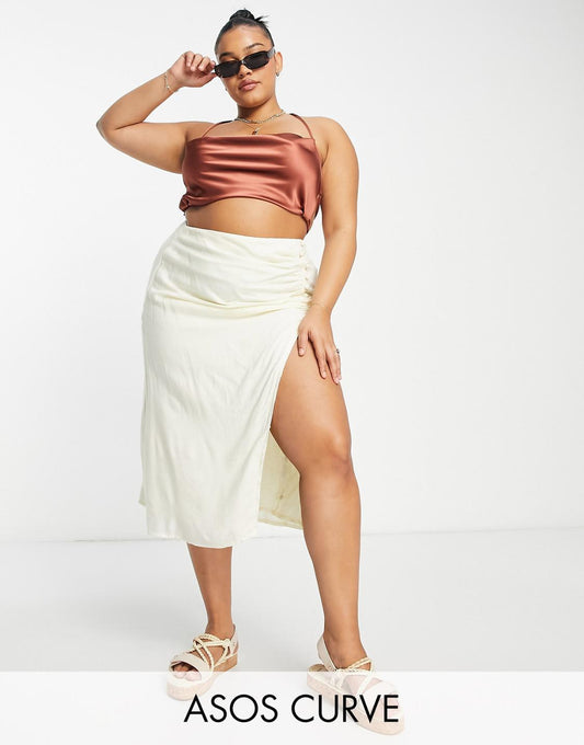 Curve drapey button side thigh split midi skirt in cream