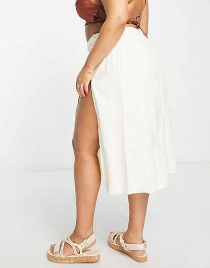 Curve drapey button side thigh split midi skirt in cream