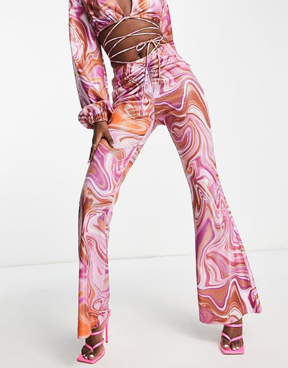 Satin Flared Pants in Pink Swirl Print