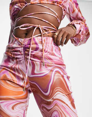Satin Flared Pants in Pink Swirl Print