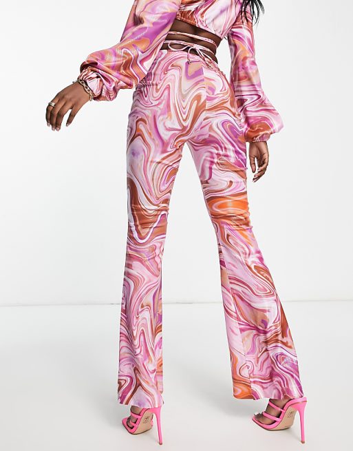 Satin Flared Pants in Pink Swirl Print