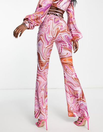 Satin Flared Pants in Pink Swirl Print