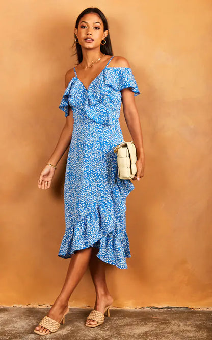 Harri Cold Shoulder Midi dress / Blue Spot