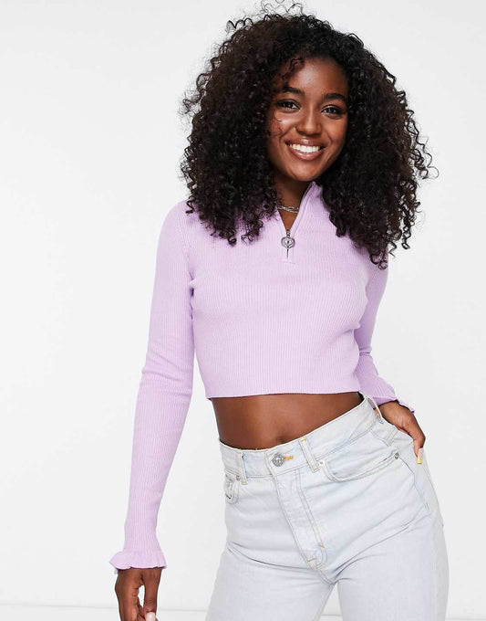 Rib Knit Half Zip Jumper in Lilac