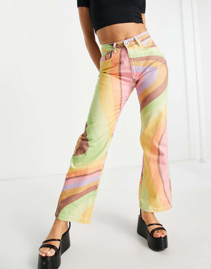 High Waisted Straight Leg Jeans in Retro Rainbow swirl denim
