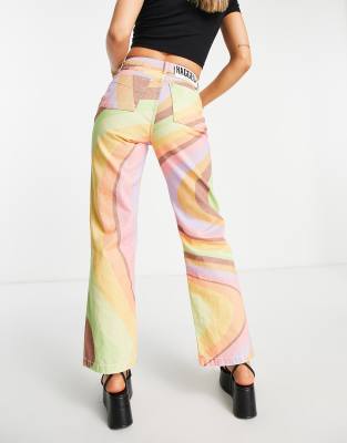 High Waisted Straight Leg Jeans in Retro Rainbow swirl denim
