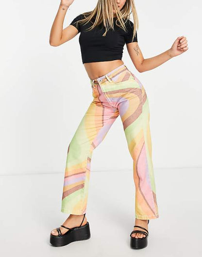 High Waisted Straight Leg Jeans in Retro Rainbow swirl denim