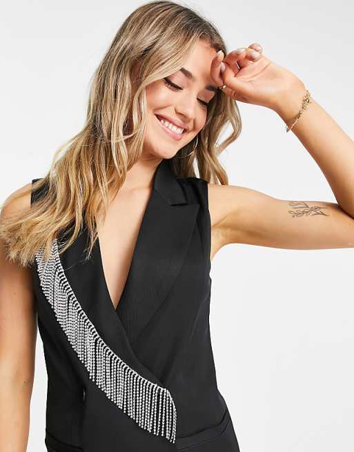 Miss Selfridge Going Out Sleeveless Blazer Dress with Embellished Fringe in Black