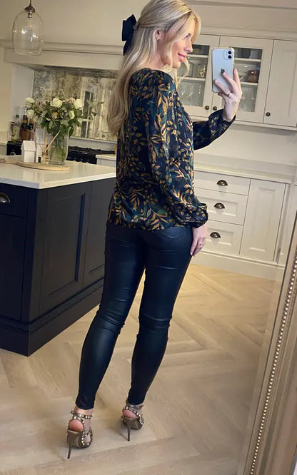 Long Sleeves Black Satin Leaf Printed Top