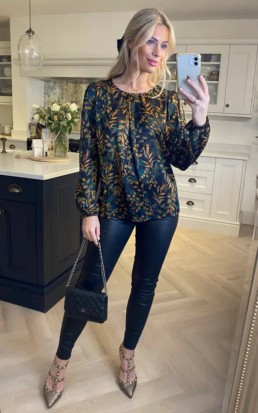 Long Sleeves Black Satin Leaf Printed Top