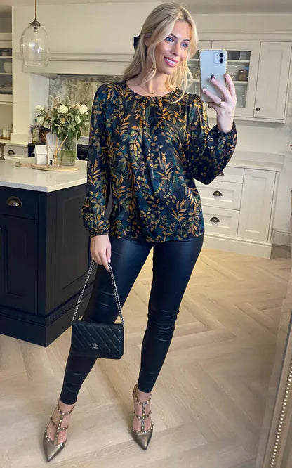 Long Sleeves Black Satin Leaf Printed Top