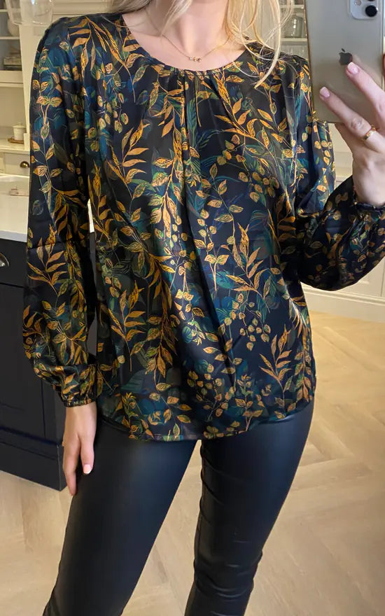 Long Sleeves Black Satin Leaf Printed Top