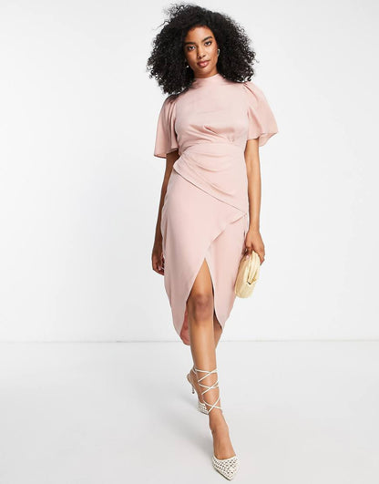 ASOS DESIGN Short Sleeve High Neck Drape Wrap Front Midi Dress in Blush