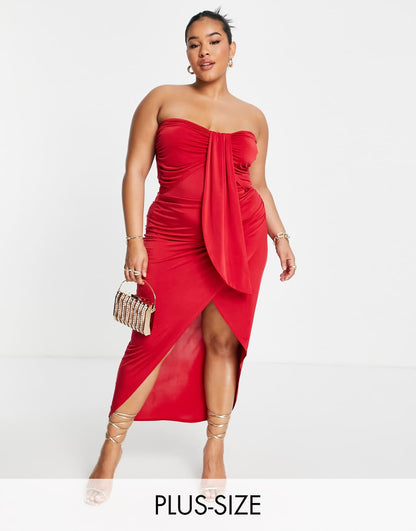 Plus bandeau midi dress in red drape