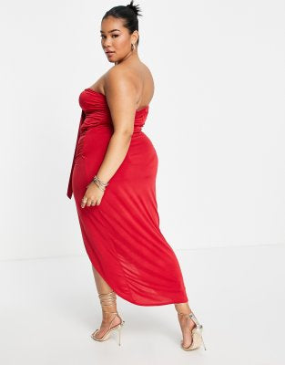 Plus bandeau midi dress in red drape
