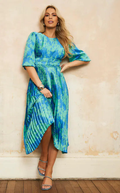 Balloon Sleeves Pleated Hem Midi Floral Dress
