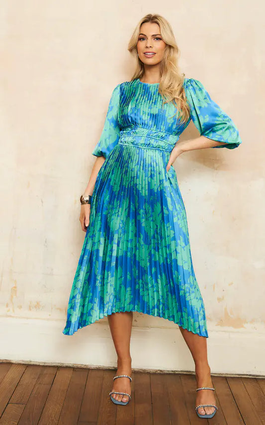 Balloon Sleeves Pleated Hem Midi Floral Dress