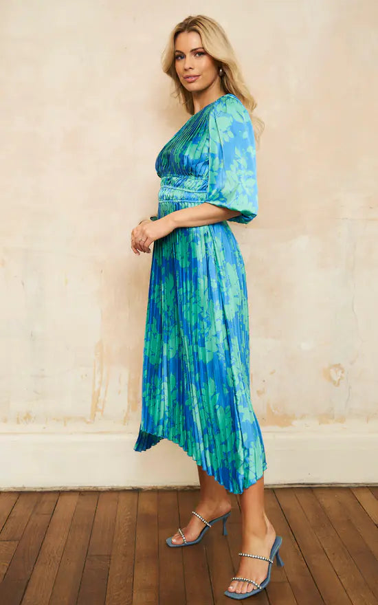 Balloon Sleeves Pleated Hem Midi Floral Dress