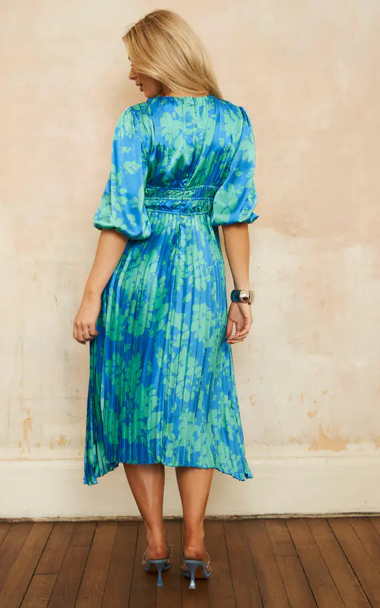 Balloon Sleeves Pleated Hem Midi Floral Dress