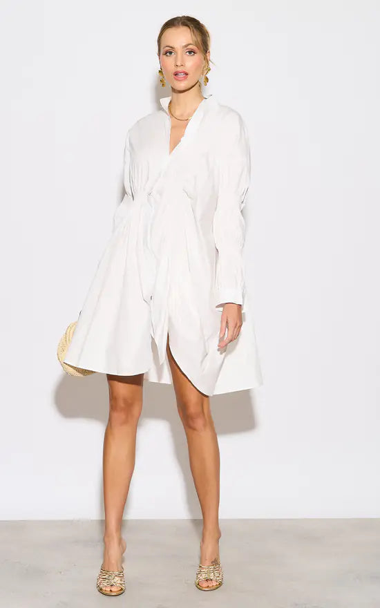 Asymmetry With Elasticated Design Cotton Blend Shirt Dress In White