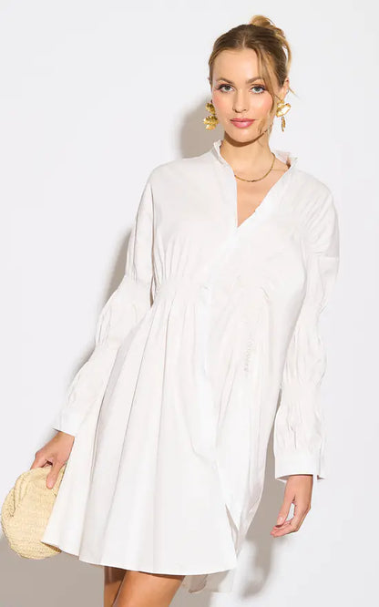 Asymmetry With Elasticated Design Cotton Blend Shirt Dress In White