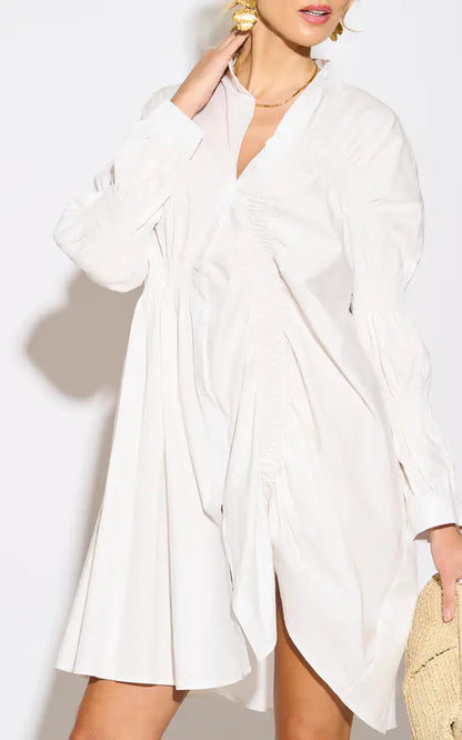 Asymmetry With Elasticated Design Cotton Blend Shirt Dress In White